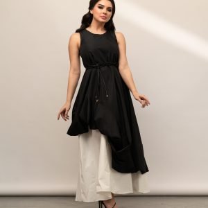 Elegant black and white layered taffeta dress.