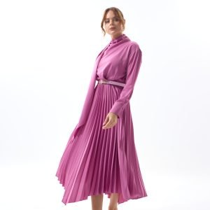 Pink Pleated Midi Dress with Shawl Neckline
