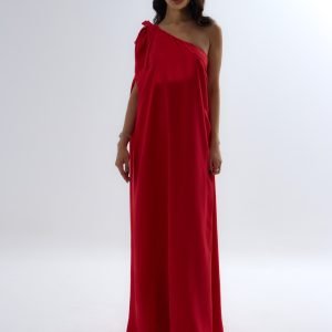 Red One-Shoulder Dress with Bow Detail