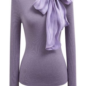 Organza Bowknot Neckline Knit Top in Lilac