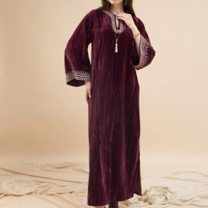 Pre-Order Elegant Plum Velvet Kaftan with Silver Embroidery