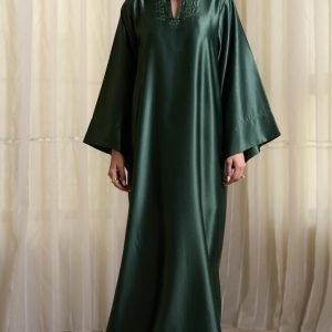 Emerald Green Crepe Silk Kaftan with Embroidered Neckline