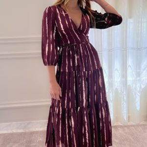 Wrap Maxi Dress in Deep Maroon with Tie-Dye Effect