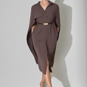 Brown Cape Shirt Dress with Belt Detail