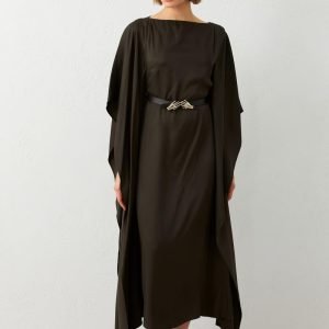 Brown Belt Detailed Asymmetrical Cut Midi Length Dress