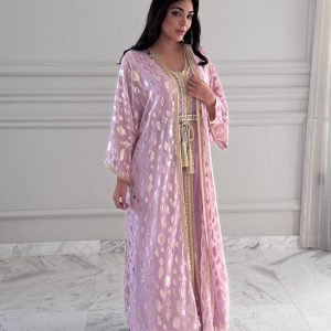 Pink 2-Piece Kaftan Set with Sheer Embroidered Overlay